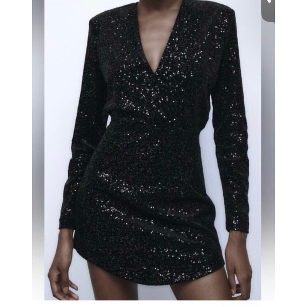 Zara Black Velvet Sequin Mini Dress Deep V Long Sleeve Glam Night Out Club S
